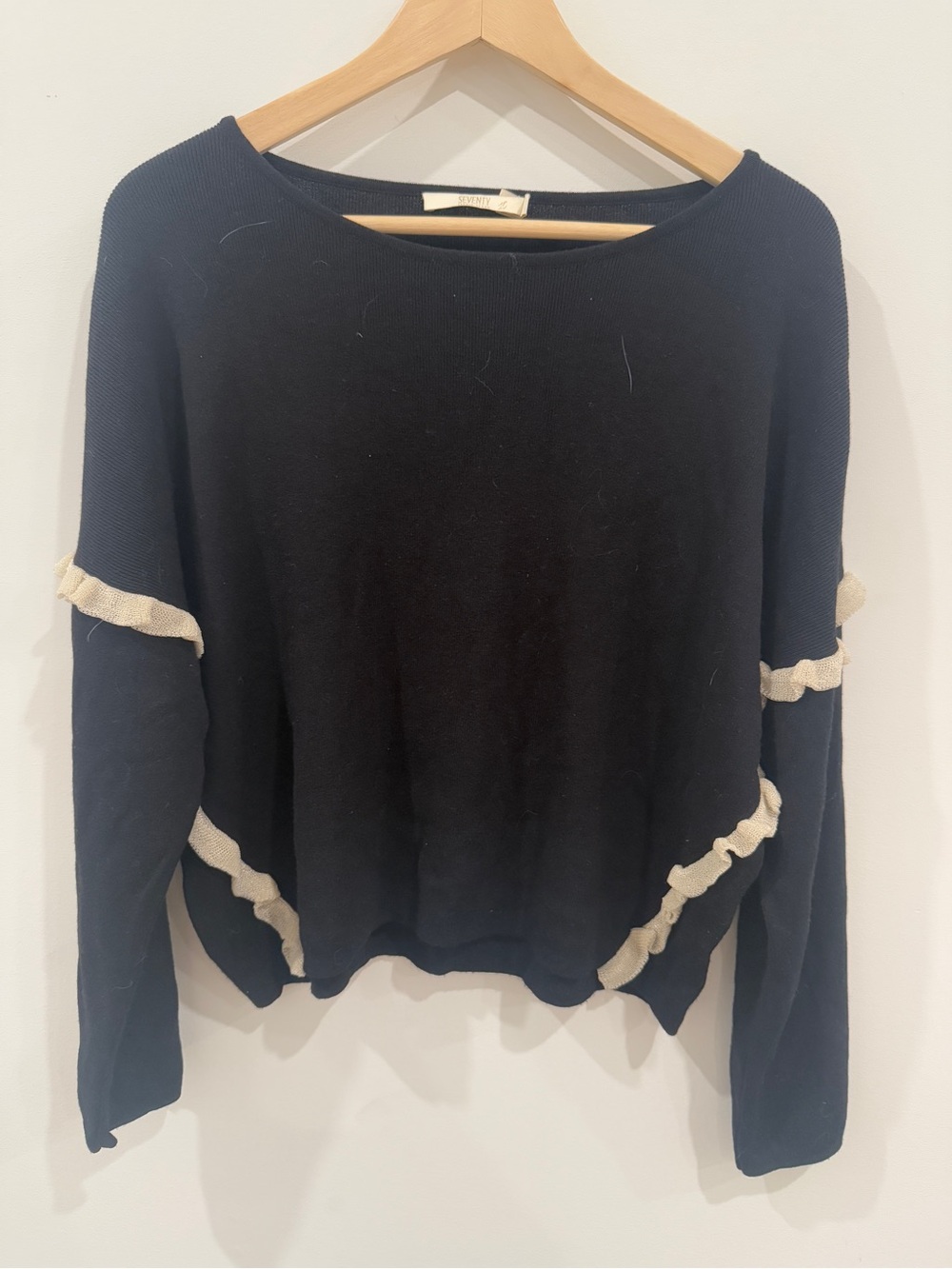 Seventy Sergio Tegon Italian Sweater IT 42 US S Black Cream Ruffle Long Sleeve